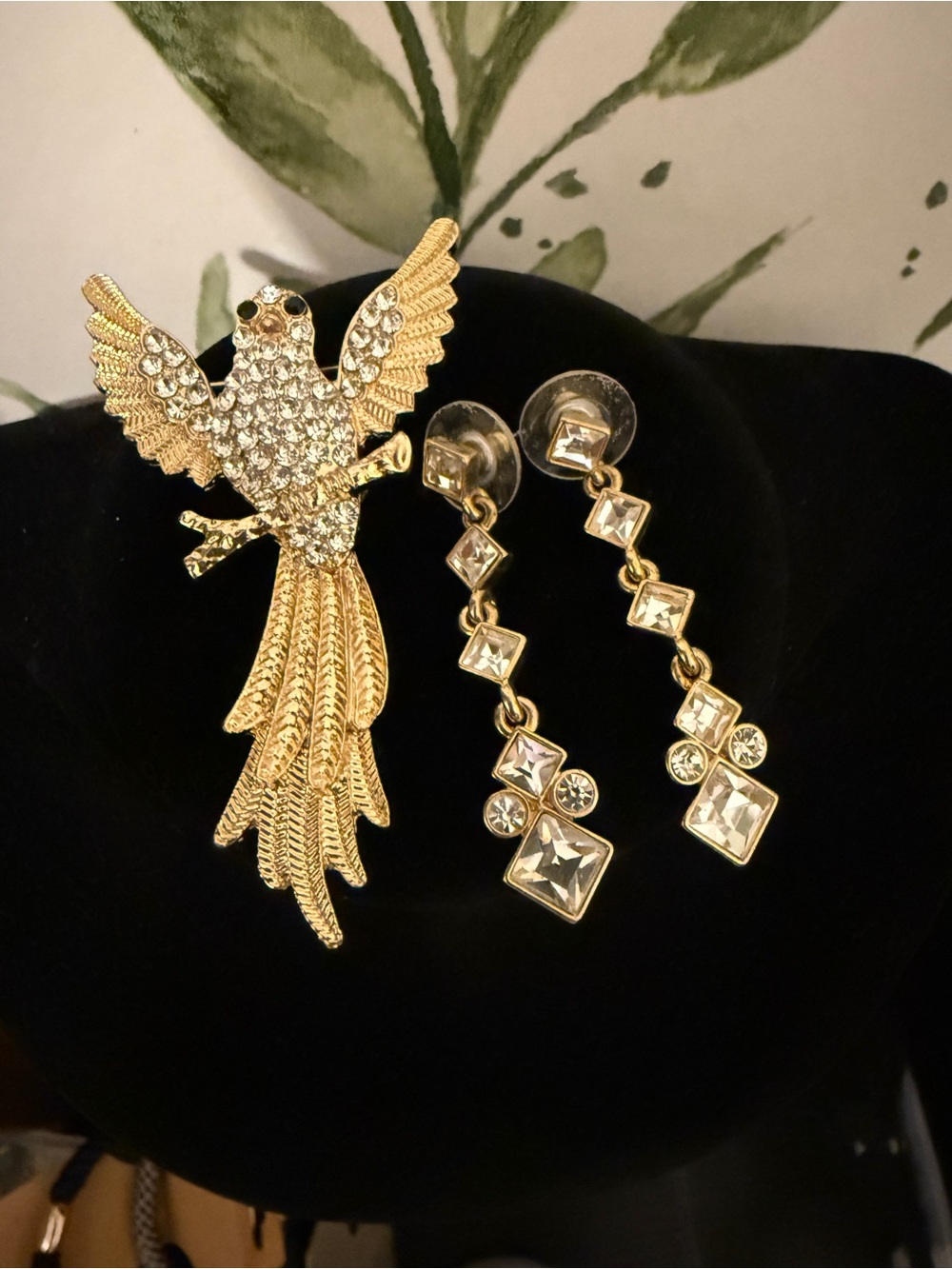 Gold Bird Brooch and Gold Crystal Drop Earrings - Elegant Women's Jewelry